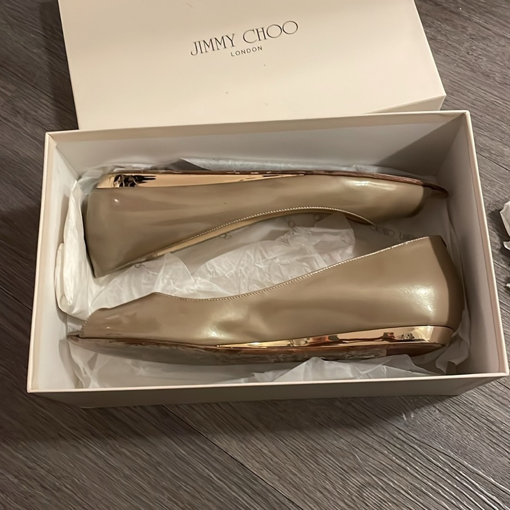 Jimmy Choo Beck Peep Toe Flat Khaki Metallic Patent Leather Gold Enamel Heel - Picture 7 of 16